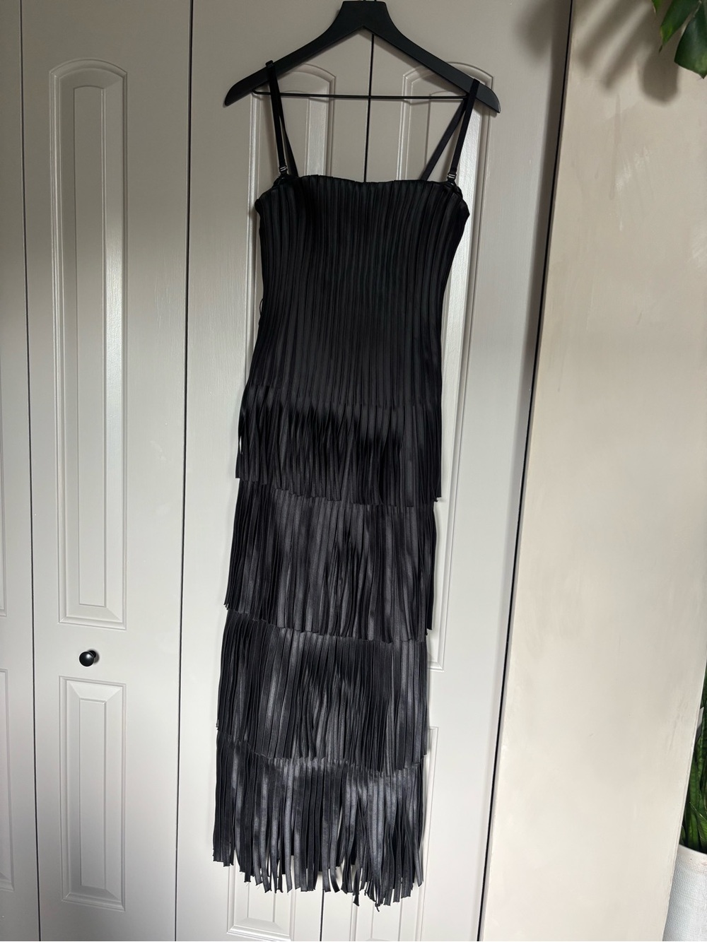 BCBGMaxAzria Black Pleated Tiered Fringe Maxi Dress